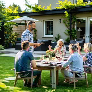 40 year old home owner entertaining friends in a garden socially at home-1